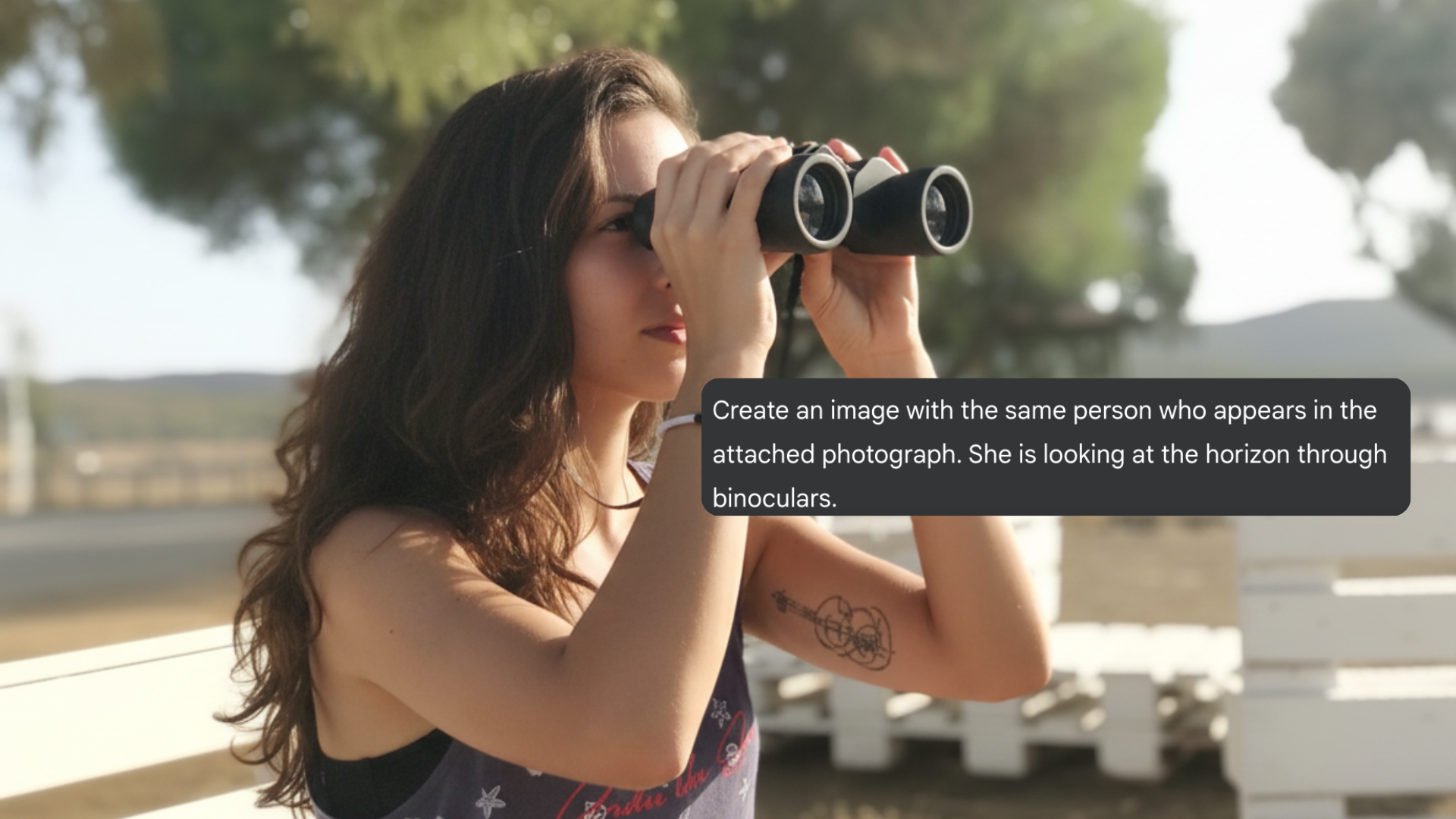 A woman with long hair looks through binoculars outdoors. AI-generated
