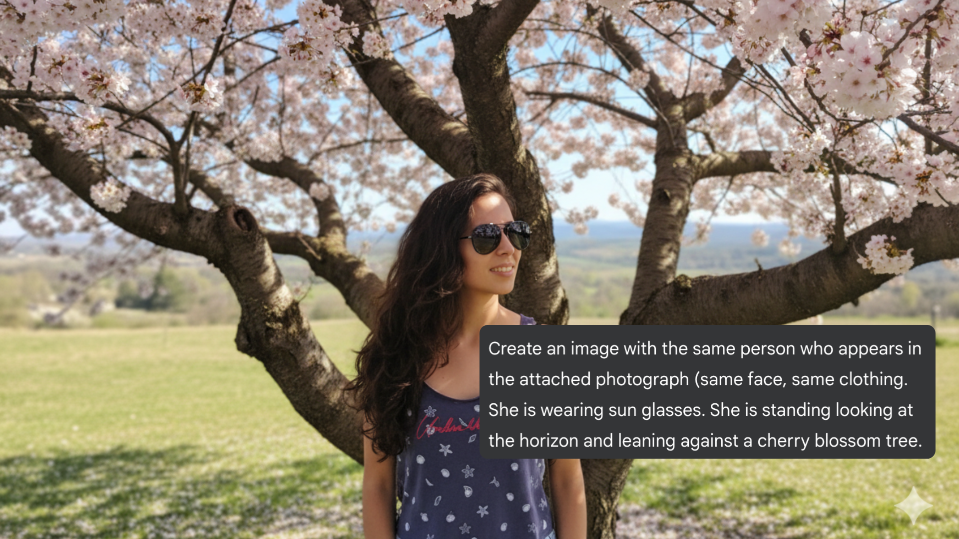 AI-generated image of a woman with sunglasses leaning against a cherry blossom tree.