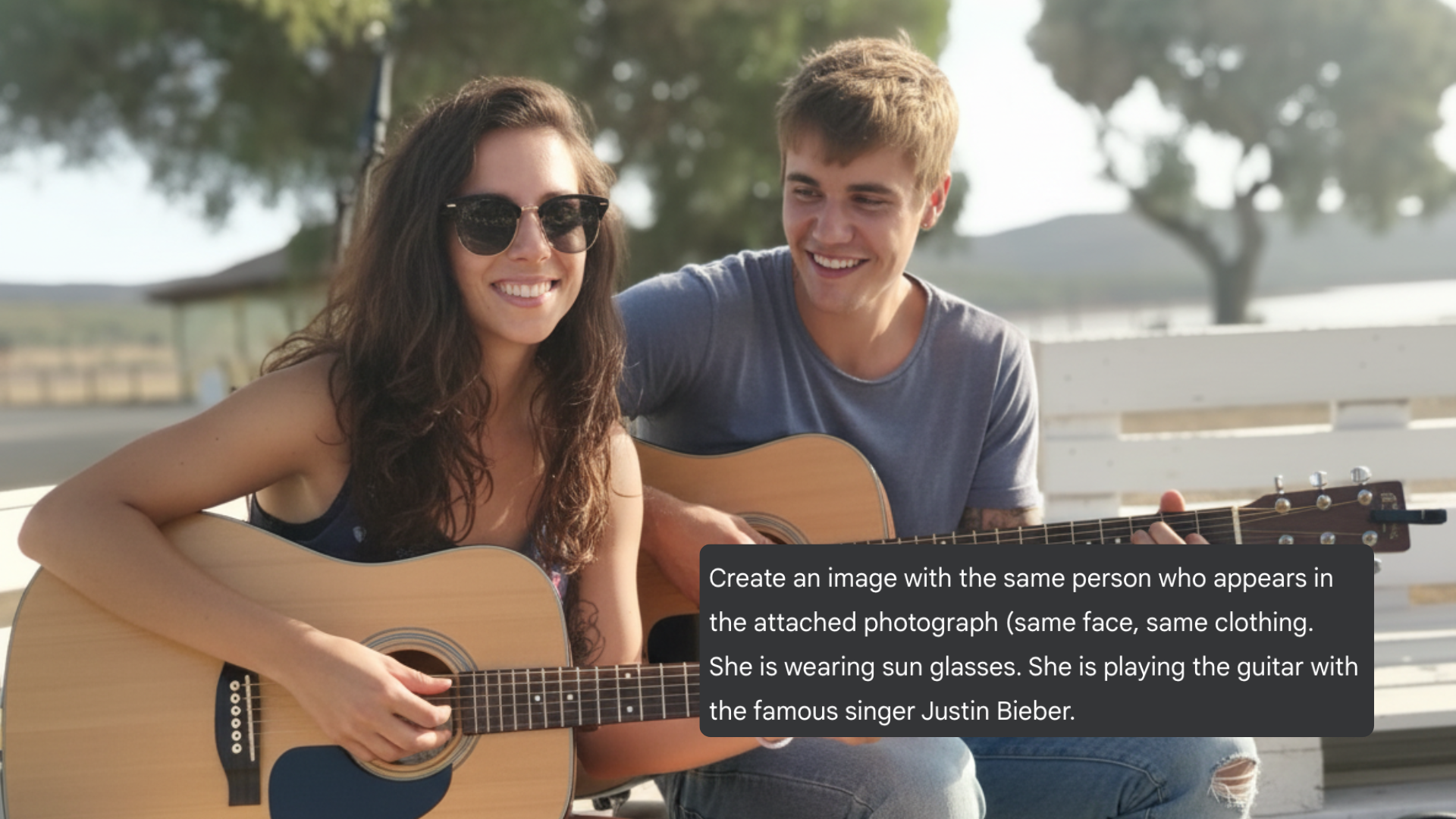 AI-generated image of a woman playing guitar next to a smiling musician in a casual outdoor setting.
